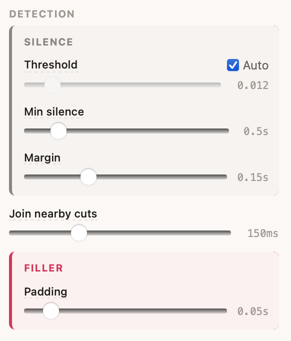 BCut settings for silence threshold, minimum silence duration, and cut margin